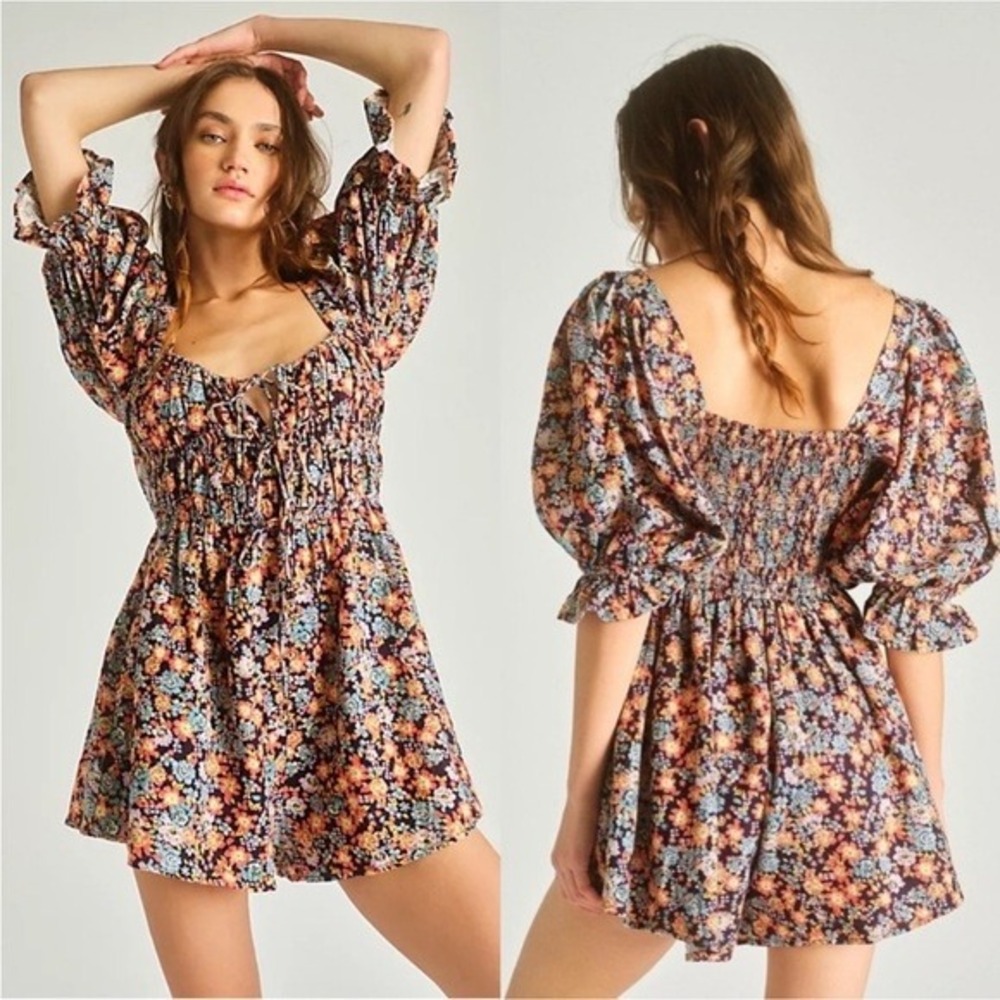 Free People Smocked Floral Print Puff‎ Sleeve Romper Jumpsuit XS